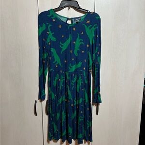 Modcloth Blue and Green Dinosaur Stretchy Long Sleeved Dress
